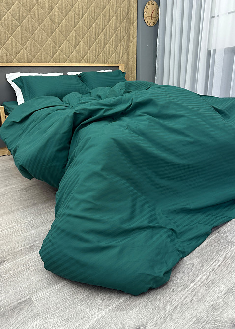 Комплект постільної білизни Страйп-сатин Євро 200х230 з простирадлом на резинці Смарагдовий (88-164) Київ - фото 8