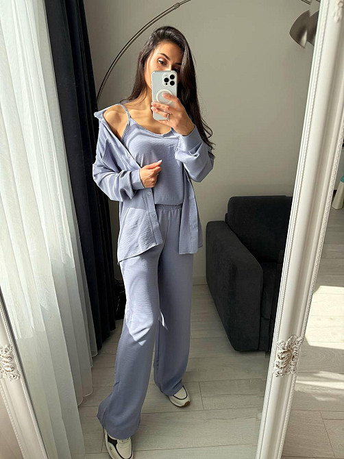 Женский базовый костюм тройка: рубашка майка и штаны креп жатка Серый, 42/44 Одесса - изображение 6