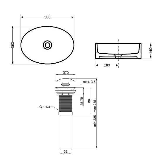 Комплект Qtap Kolibri: Раковина накладна овальна 500x360x140 мм White + Донний клапан PU02 Київ
