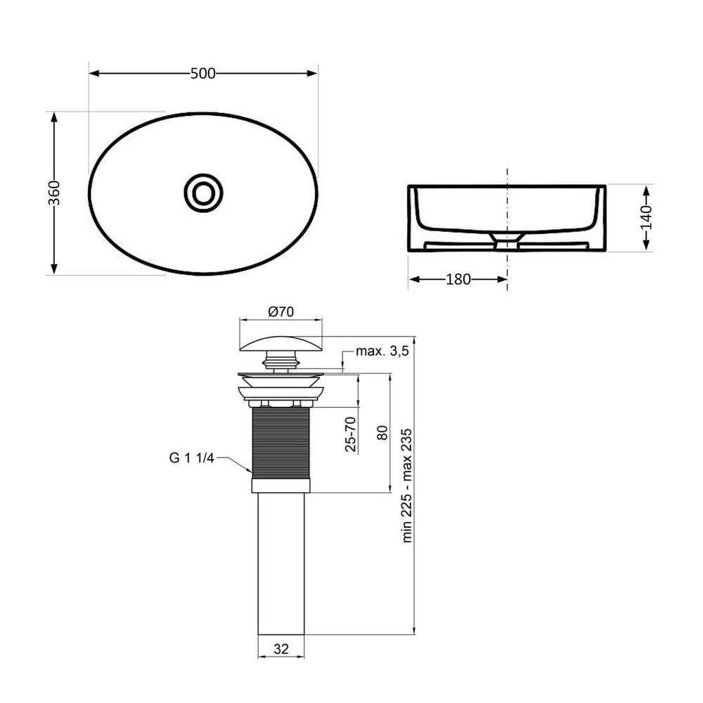 Комплект Qtap Kolibri: Раковина накладна овальна 500x360x140 мм White + Донний клапан PU02 Київ - фото 2