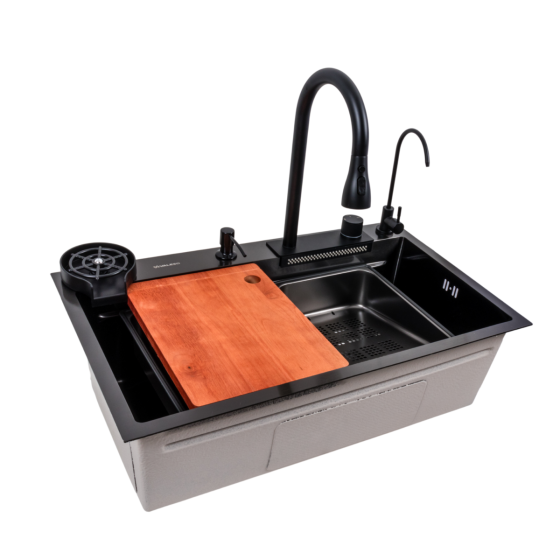 Кухонна мийка 75*46F чорна PVD Valeso Handmade "Водоспад" Fly rain Коломыя