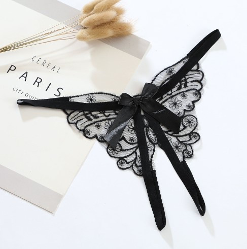 Трусики з розрізом та метеликом стрінги чорні - розмір універсальний, резинка до 100см Київ - фото 1