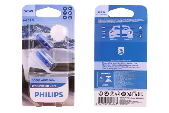 Лампа 12В безцок.  5 Вт W5W Philips White Vision Ultra (2 шт.) Винница