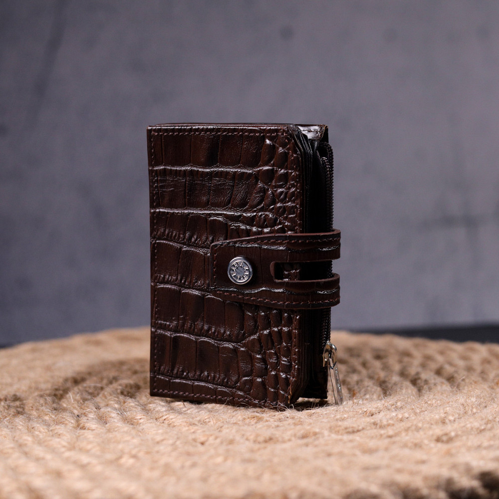 Оригінальний картхолдер із натуральної шкіри з тисненням під крокодила Коричневий (KARYA) Київ - фото 2