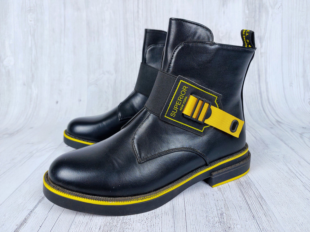 Детские демисезонные черные ботинки для девочек с желтыми вставками 32,35,36 Николаев - изображение 1