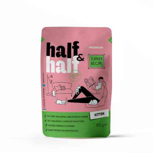 Корм вологий Half&Half для кошенят, шматочки з індичкою у желе у формі пауча, 100 г Київ