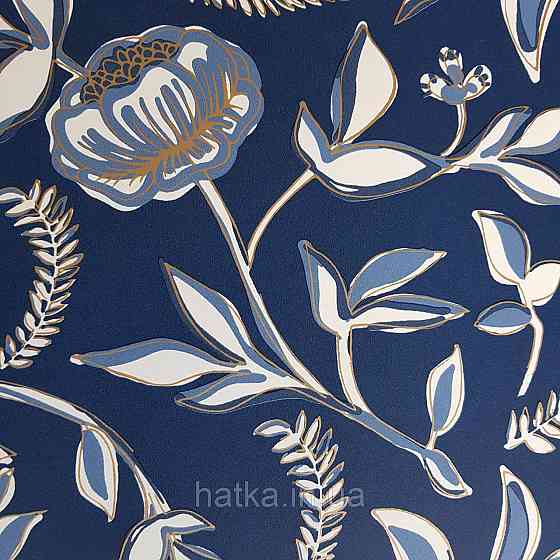 Шпалери вінілові на флізелін Caselio Mystery 0.53х10 м дитячі яскраві квіти листя білі блакитні на синьому тлі Київ