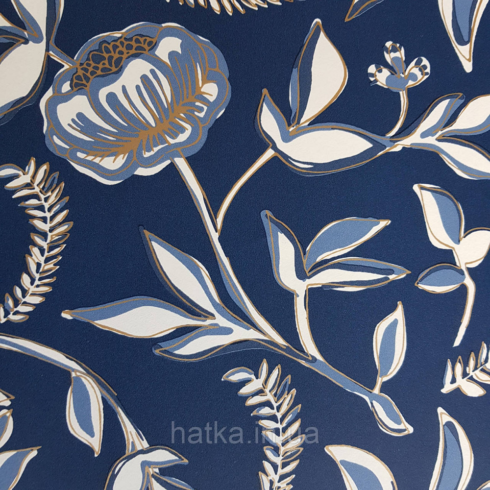 Шпалери вінілові на флізелін Caselio Mystery 0.53х10 м дитячі яскраві квіти листя білі блакитні на синьому тлі Київ - фото 4