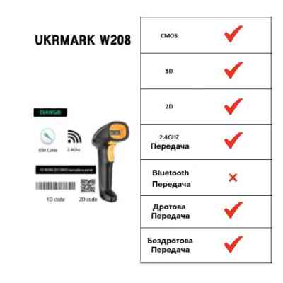 Сканер штрих-кода UKRMARK EV-W208 2D, wireless, USB (900564) Винница