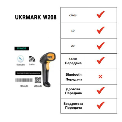 Сканер штрих-коду UKRMARK EV-W208 2D, wireless, USB (900564) Вінниця - фото 2