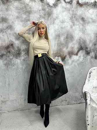 Жіноча тепла мідіспідниця зі складками екокожа на флісі 48/52 Одеса