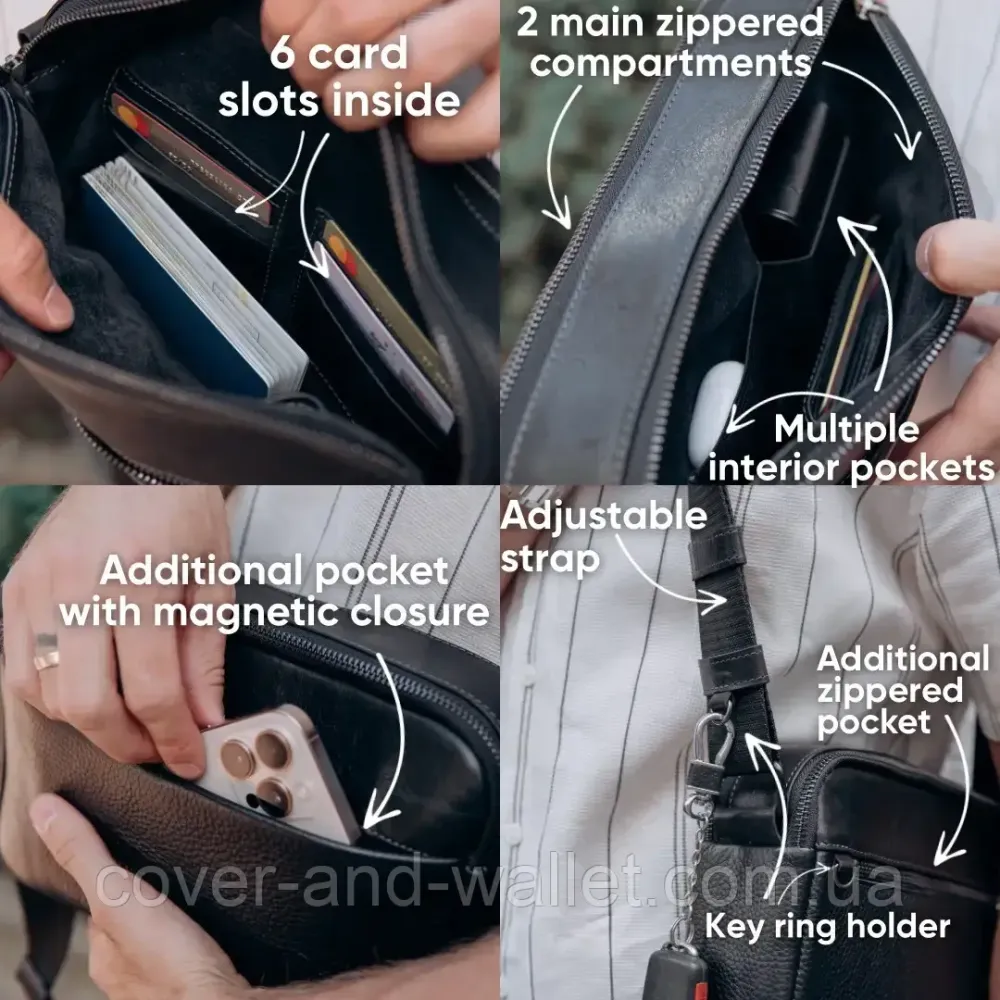 Горизонтальная мужская кожаная сумка кросс-боди черного цвета среднего размера Grande Pelle Киев - изображение 7