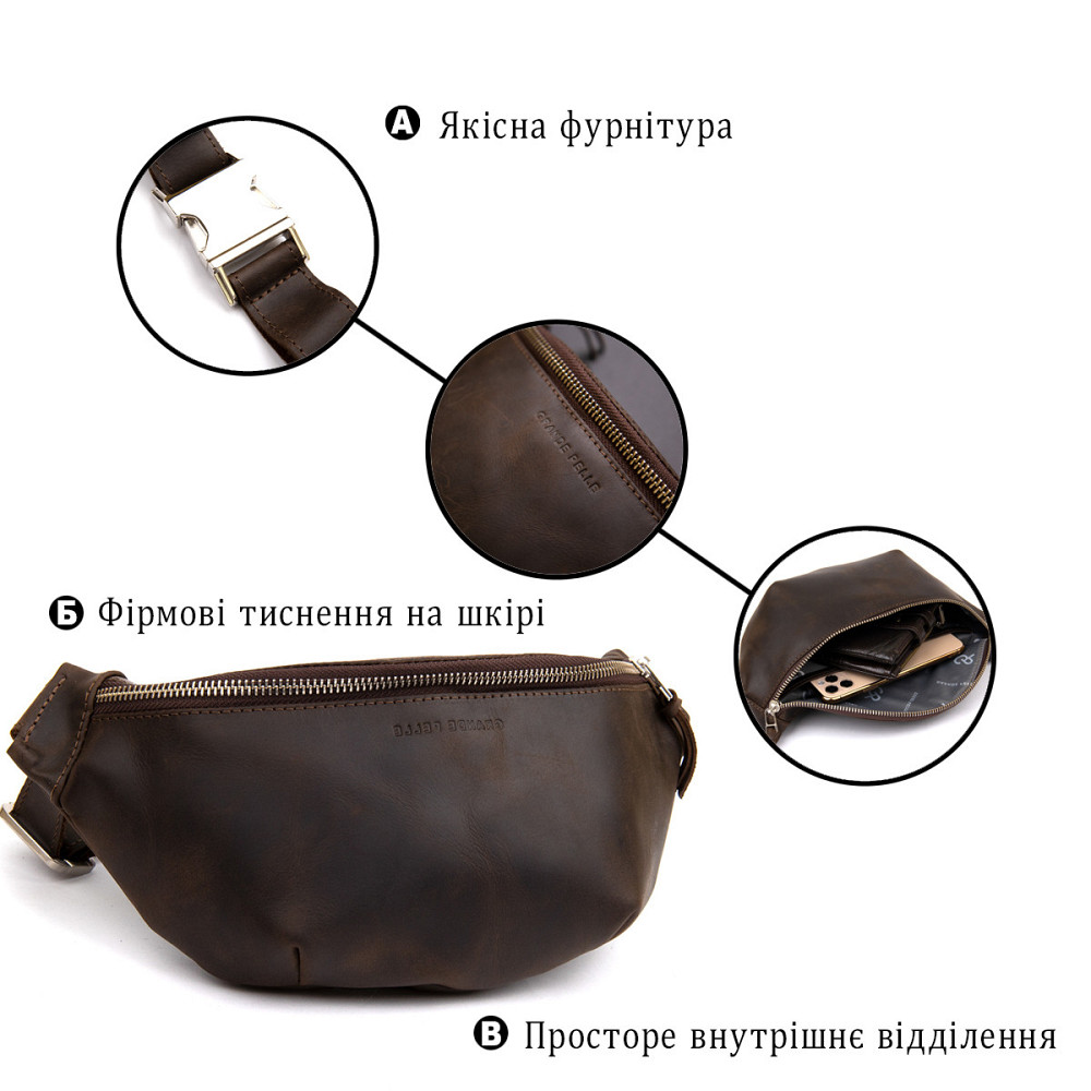 Бананка в матовій шкірі GRANDE PELLE 11154 Коричнева Київ - фото 4