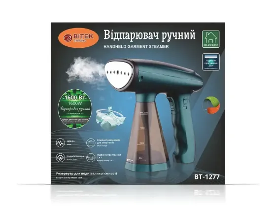 Відпарювач ручний BITEK BT-1277, 1600Вт, 350 мл, нагрівання 25 сек, подача пари 32 г/хв, захист від перегріву Одеса