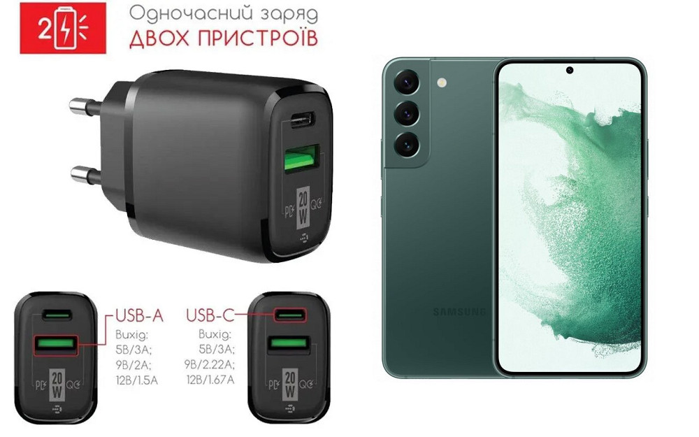 Сетевое зарядное устройство для Samsung Galaxy S22, 20W 3A, Quick Charge 3.0 Киев - изображение 1