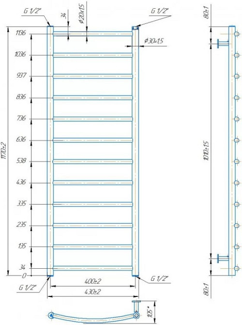 Водяной полотенцесушитель Mario INOX Классик 1170х430/400 Киев - изображение 4