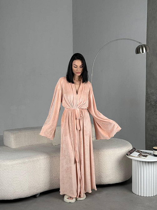 Женский стильный домашний велюровый макси халат плюш велюр Персик, 48/52 Одесса - изображение 3