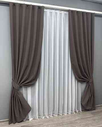 Комплект готовых штор VR-Textil Лен блэкаут № 1722ш Серо-коричневый 100х270 см 2 шт (31-955) Киев