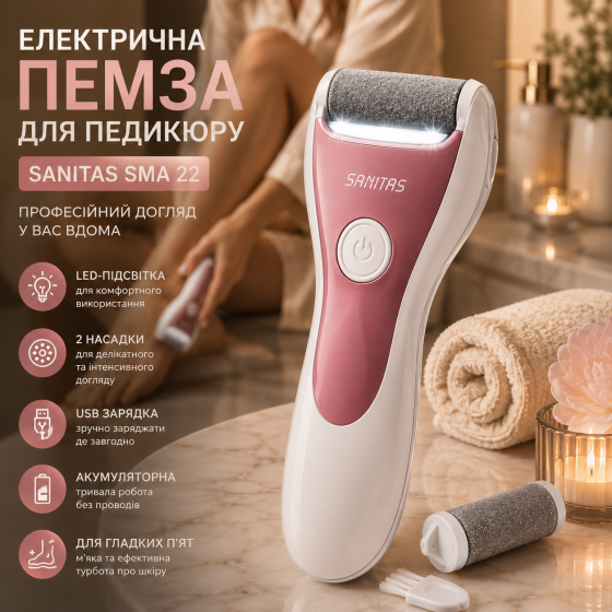 Электрическая пемза для педикюра Sanitas SMA 22 Роликовая пилка для ног с LED-подсветкой и 2 насадками Киев