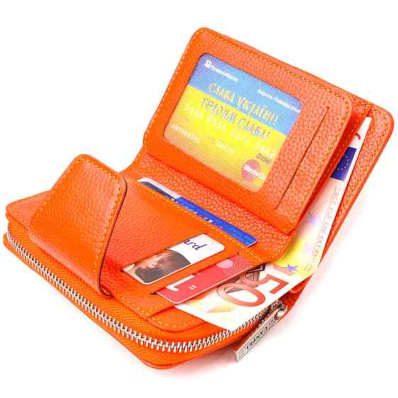 Яскраве вертикальне портмоне для жінок із монетницею на блискавці з натуральної шкіри флотар Помаранчеве (CANPELLINI) Київ