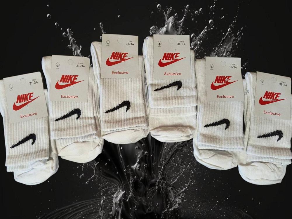 Детские высокие качественные хлопковые носки белые в наборе по 6 штук Nike. Размер 31-34 Киев - изображение 1