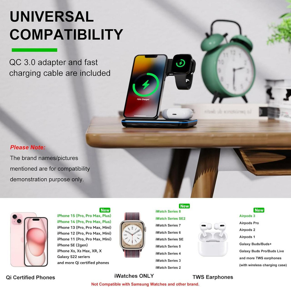Зарядна станція Minthouz MT-CW002 чорний 3-в-1 18W QC3.0 індукційна безпровідна для iPhone Apple Watch AirPods Київ - фото 4