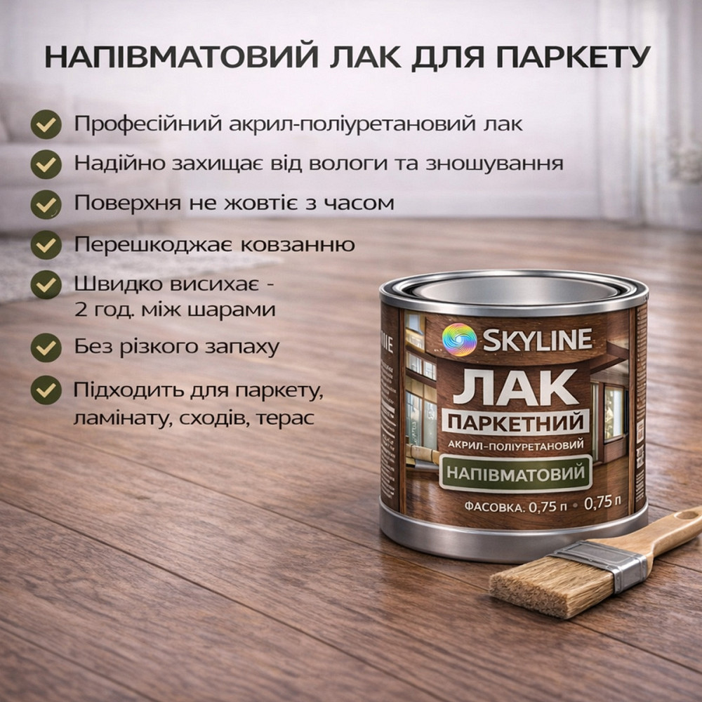 Лак для підлоги напівматовий Skyline паркетний, акрил-поліуретановий, водний, зносостійкий, без запаху, 750 мл Харків - фото 9