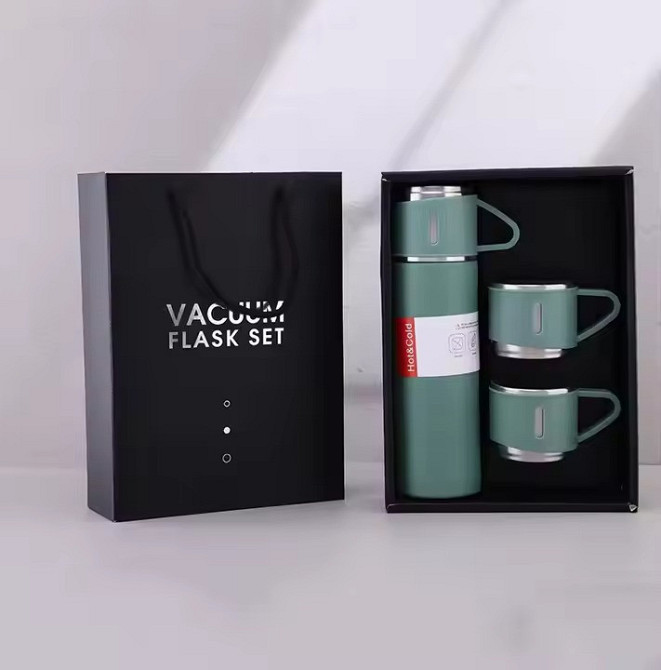 Термос 500 мм Набор подарочный, вакуумный из нержавеющей стали и 3 чашки комплект цвет зелёный Каменец-Подольский - изображение 3