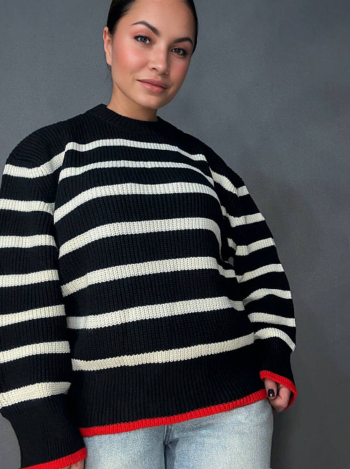 Светр жіночий MIX RAY 6635 смужка оверсайз подовжений вільний крій, чорний, one size Київ - фото 19