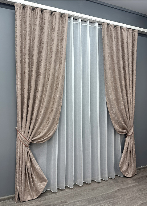 Комплект штор VR-Textil Лен Мрамор 150х270 2шт и Тюль 600х270 1715ш-1276т Светло-пудровый с белым 71-011/5 Киев - изображение 2