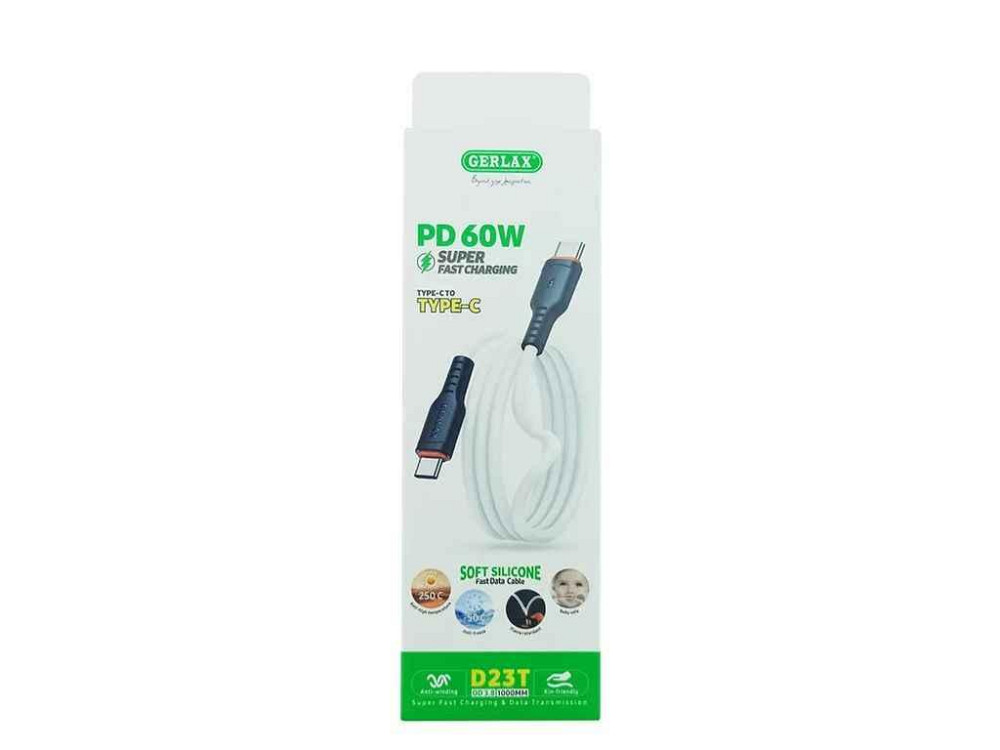 Кабель Type-C - Type-C D23T 60W OD3.8 Super Fast Charging силіконовий білий 1м ТМ GERLAX Київ - фото 1