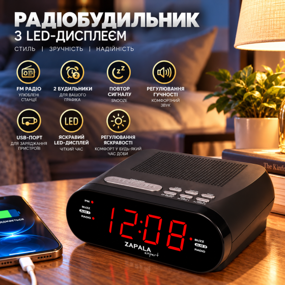 Радіобудильник цифровий FM з LED-дисплеєм, 2 будильники, USB-порт для заряджання, повтор сигналу, регулювання гучності Київ