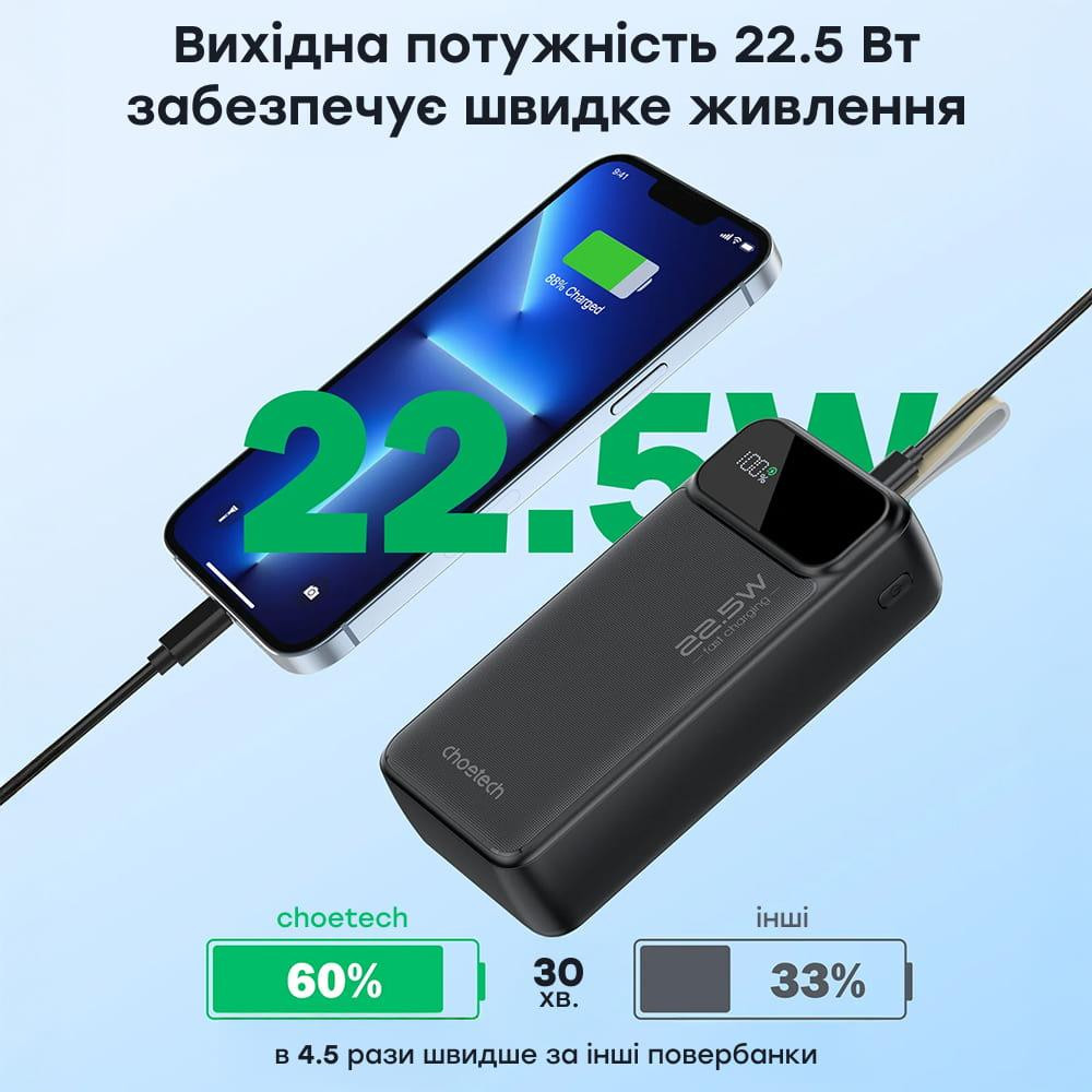 Повербанк 20000 mAh Choetech B729 Black 22.5W QC3.0 PD3.0 (43-00115) Киев - изображение 8