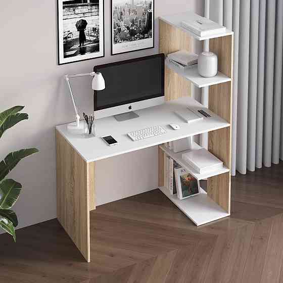 Компьютерный стол VAYS M-17 Дуб Сонома-Белый, письменный с боковым стеллажем справа, ЛДСП, 120×60×148 см - для дома, учебы Львов