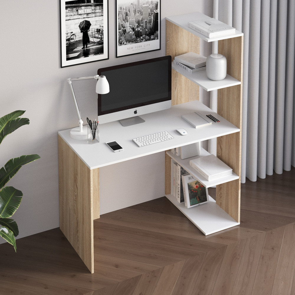 Комп’ютерний стіл VAYS M-17 Дуб Сонома-Білий, письмовий з боковим стелажем зправа, ЛДСП, 120×60×148 см - для дому, навчання, офісу Львів - фото 1
