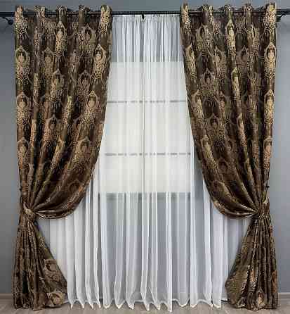 Комплект штор на люверсах VR-Textil Парча № 1772ш Коричневий з карамельним 155х270 см 2 шт (37-0258) Київ
