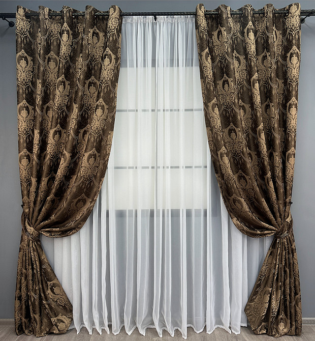Комплект штор на люверсах VR-Textil Парча № 1772ш Коричневый с карамельным 155х270 см 2 шт (37-0258) Киев - изображение 2