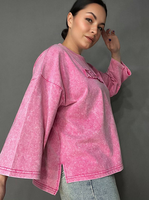 Футболка женская A-N 26029 оверсайз широкая вареная дай длинный рукав 3\4 с вышивкой впереди one size, розовый, one size Киев - изображение 3