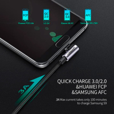 Дата кабель USB 2.0 AM to USB-C 0.5m 3A US284 90° corner black Ugreen (50940) Винница - изображение 3
