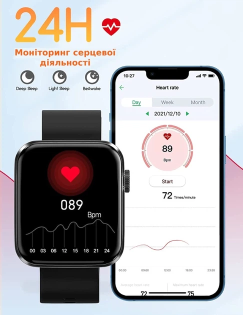 Смарт-годинник NICEWAT 1.8" IPS: Фітнес-трекер з моніторингом здоров'я, IP68, для Android/iOS, Чорний Київ - фото 7