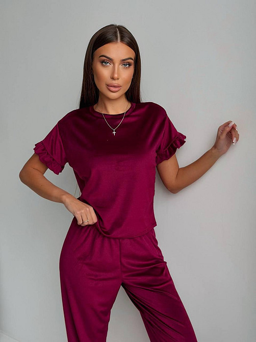 Женская стильная домашняя велюровая пижама Бордовый Одесса - изображение 2