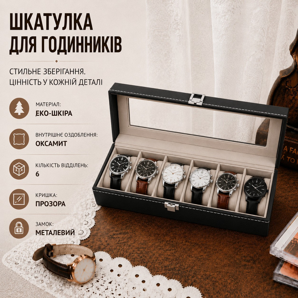 Футляр для хранения часов на 6 отделений с прозрачным окном,шкатулка органайзер для наручных часов черный Каменец-Подольский - изображение 7