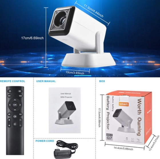 Портативный аккумуляторный проектор Q7 Wi-Fi 720p с автофокусом и батареей 4000 мАч Одесса