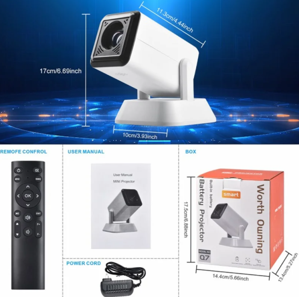 Портативний акумуляторний проектор Q7 Wi-Fi 720p з автофокусом і батареєю 4000 мА·год Одеса - фото 1