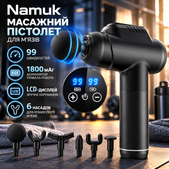 Масажний пістолет Namuk для м'язів, 99 швидкостей, 6 насадок, LCD-дисплей, акумулятор 1800 мАг, чорний Київ