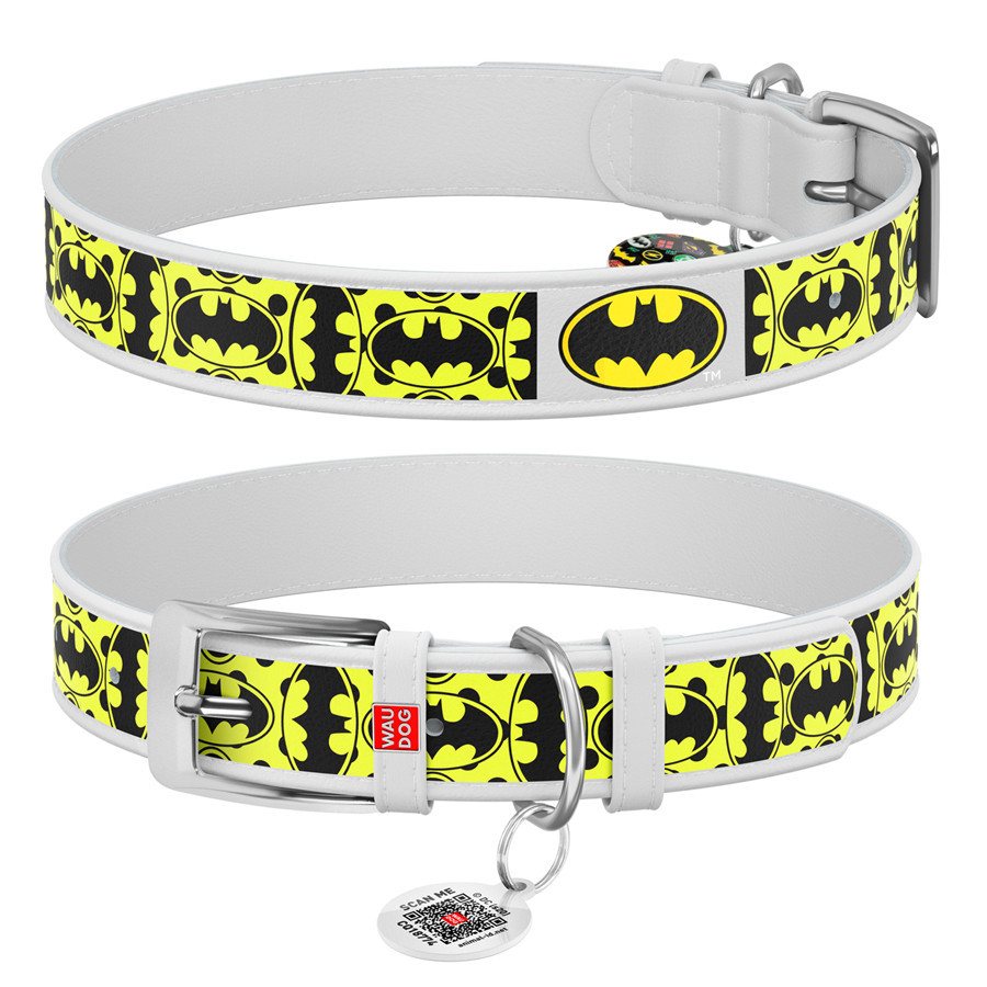 Нашийник для собак шкіряний WAUDOG Design з QR паспортом, малюнок "Бетмен4", Ш 25 мм, Д 38-49 см, білий Вінниця - фото 1