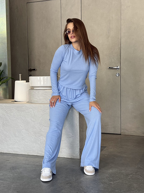 Женский костюм в рубчик с широкими штанами Голубой M/L Харьков - изображение 9