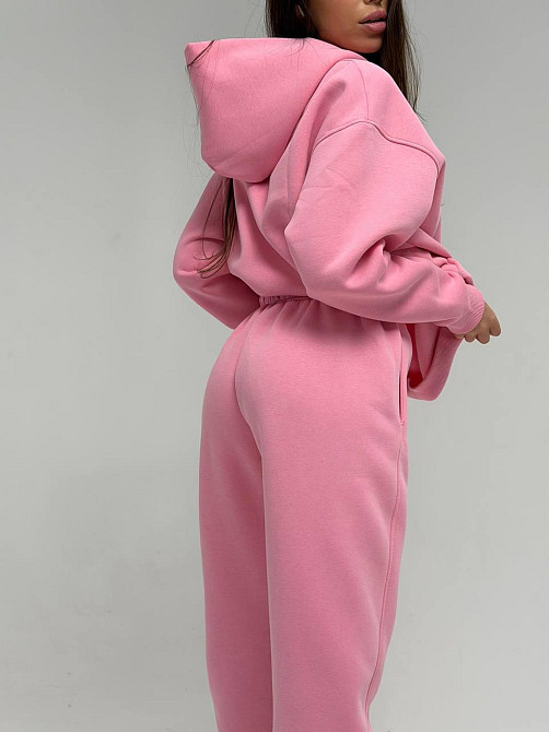 Жіночий стильний спортивний костюм-двійка: худі + штани, тринитка Пен'є на флісі турція Рожевий, 46/48 Одеса - фото 4