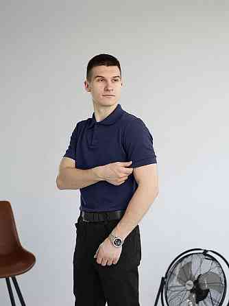 Темно-синее мужское классическое поло на пуговицах Pobedov. Футболка поло Pobedov Royal синяя Киев