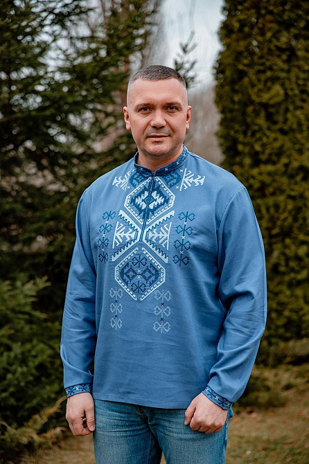 Вишиванка чоловіча, лляна, довгий рукав, колір джинс, топ 62 Київ - фото 1